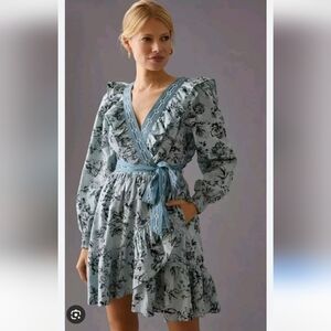 Anthropologie Cottagecore Blue Floral Wrap Mini Dress Puff Sleeves
